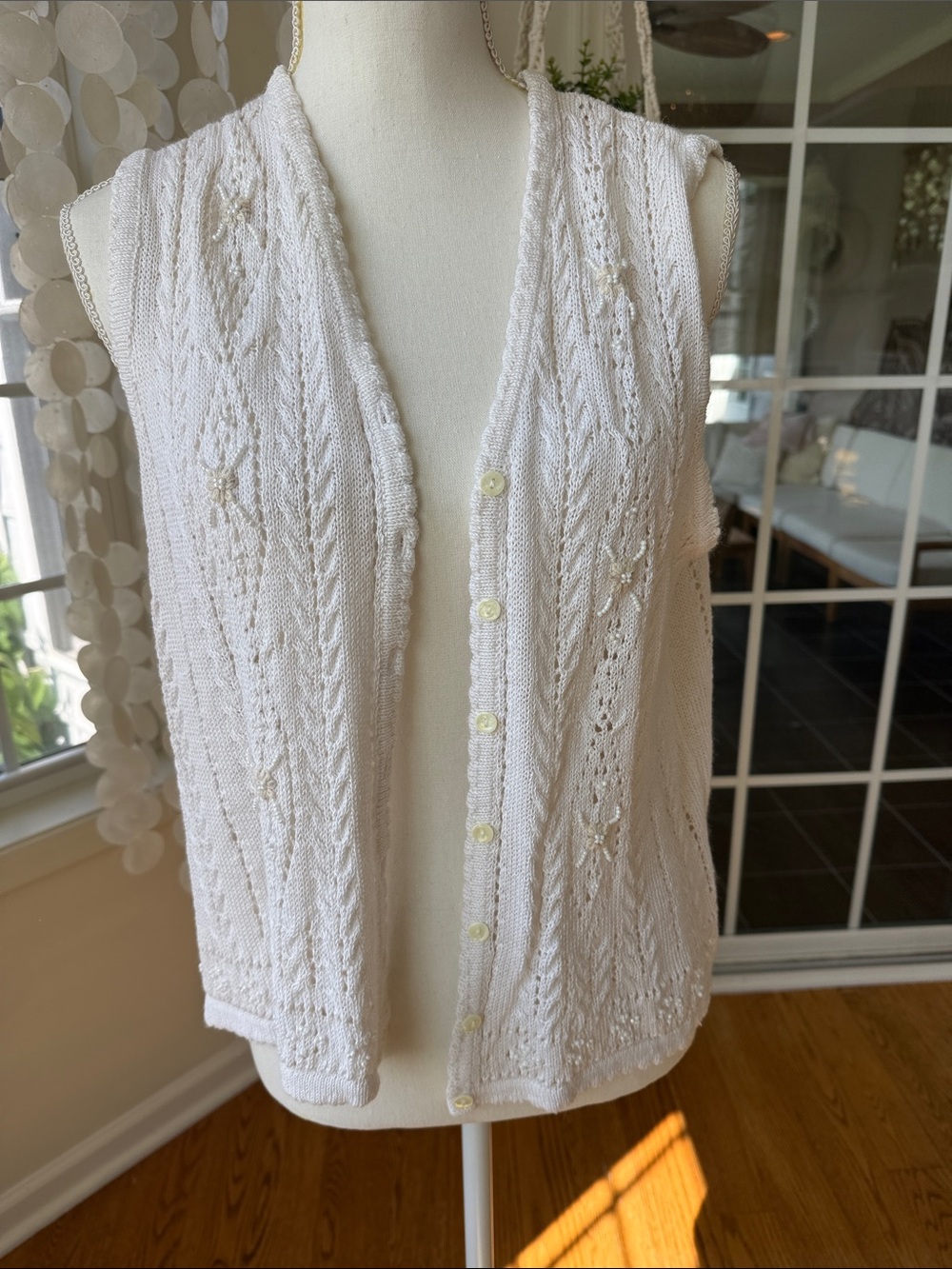 Cottagecore White beaded embroidered Knit Sleeveless Button-Front Sweater Vest